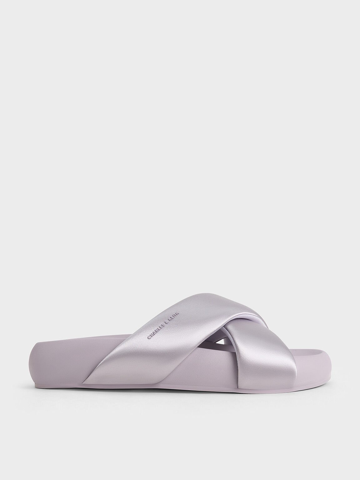 Lumi Satin Crossover-Strap Slide Sandals, Lilac, hi-res