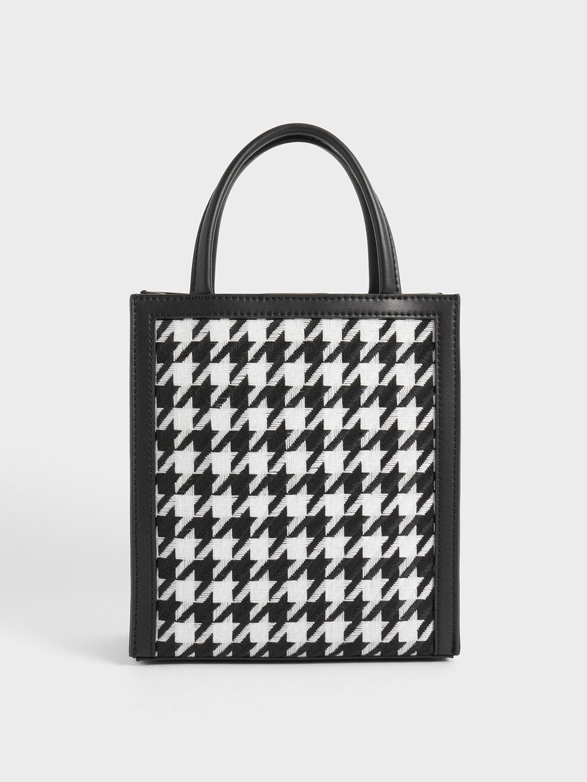 Bolso Tote de Doble Asa con Estampado de Pata de Gallo, Negro, hi-res