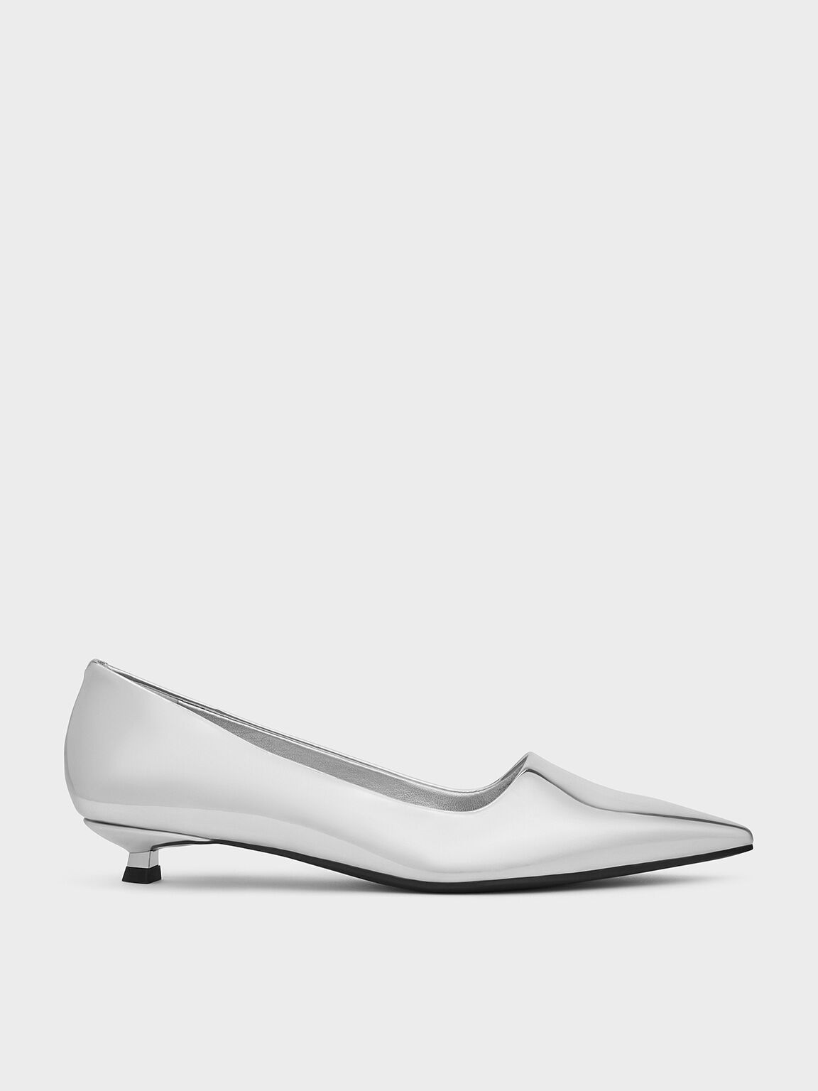 Metallic Pointed-Toe Kitten-Heel Pumps, Silver, hi-res