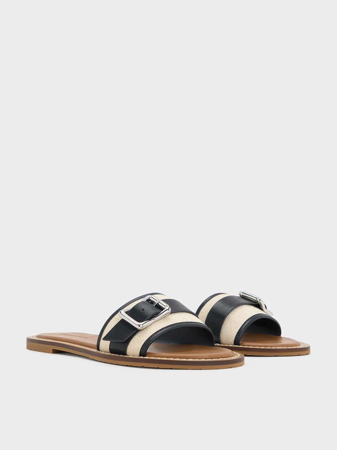 Linen Buckled Slide Sandals, Chalk, hi-res