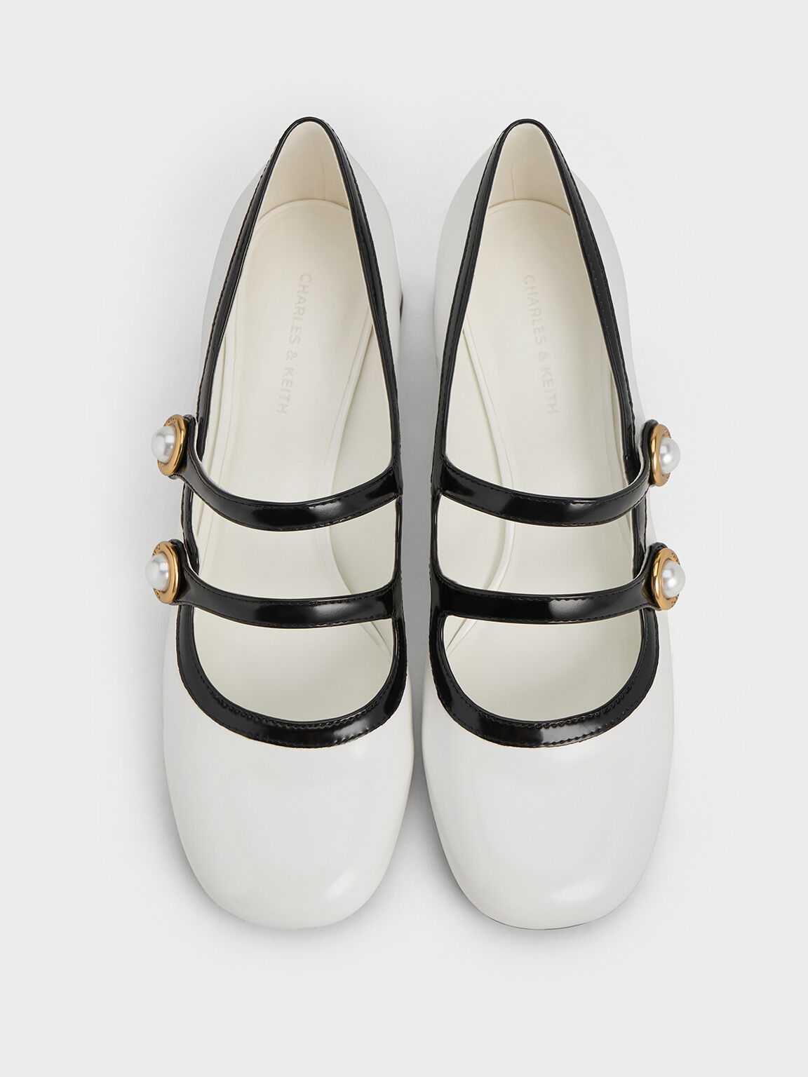 Pearl-Buckle Two-Tone Mary Jane Pumps, White, hi-res