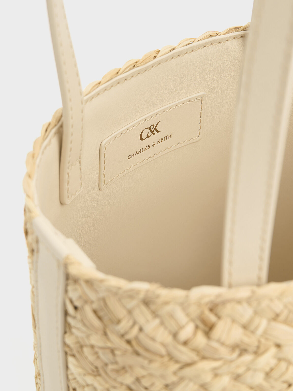 Leather & Raffia Bucket Bag, Beige, hi-res