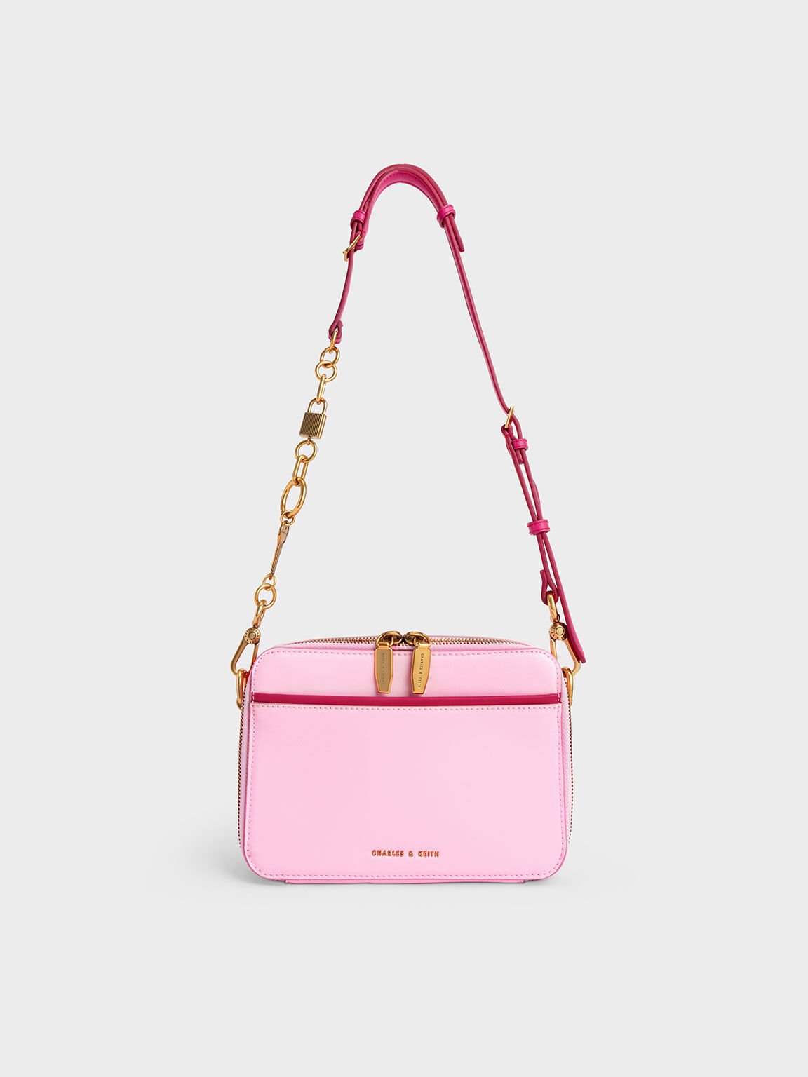 Two-Tone Lock & Key Chain Handle Bag, Pink, hi-res