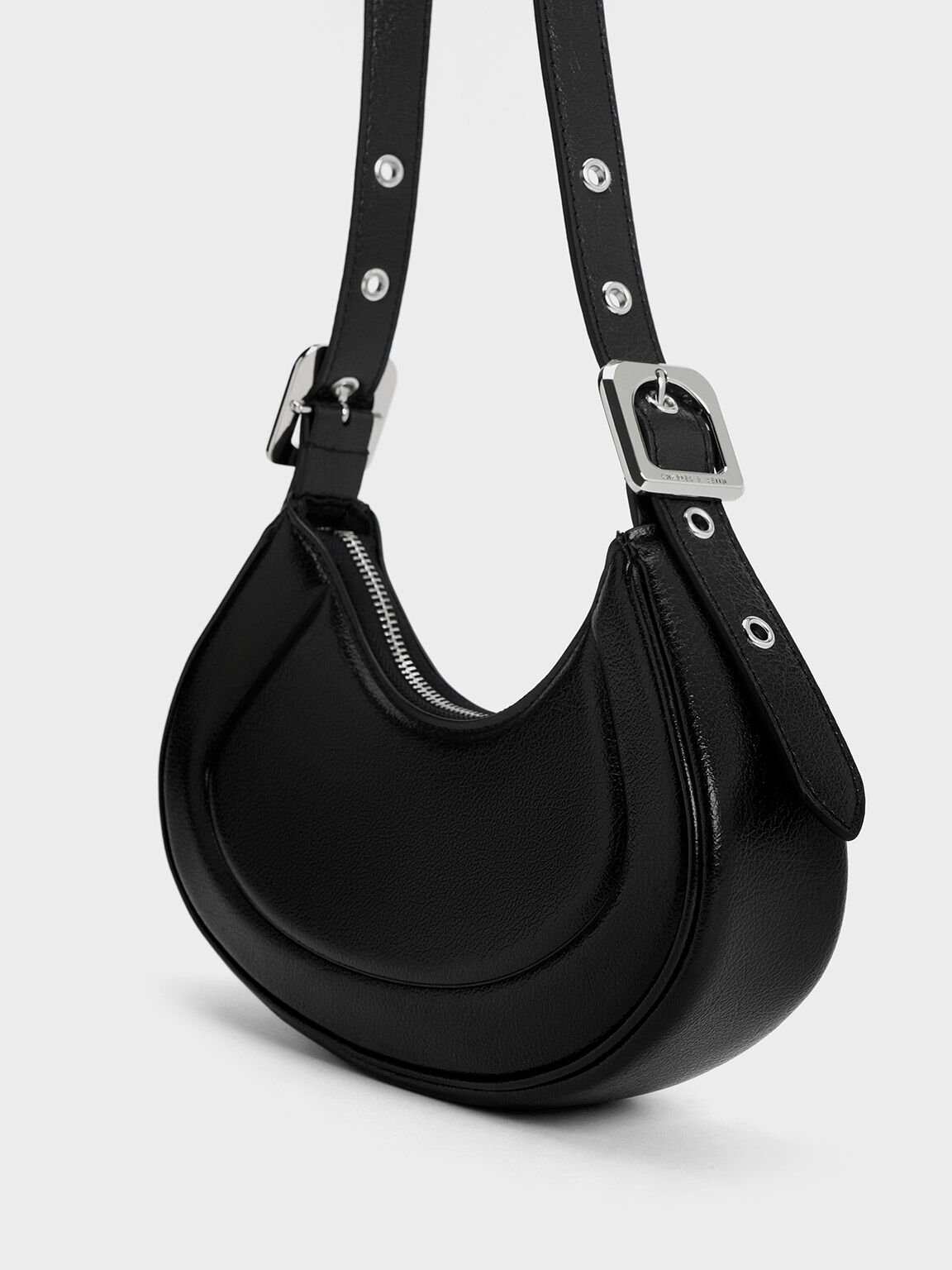 Petra Curved Shoulder Bag, Noir, hi-res