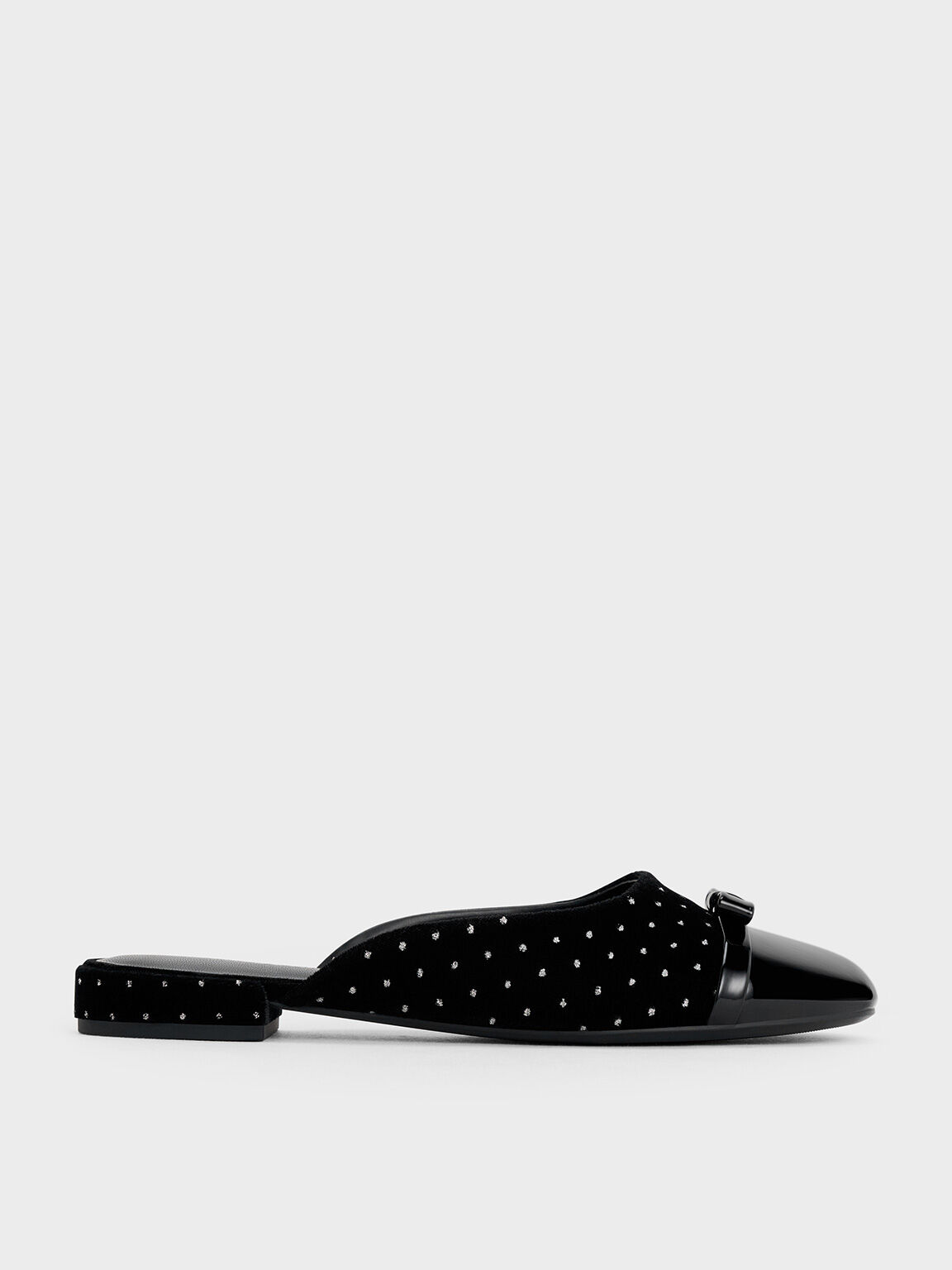 Bow Dotted Cap-Toe Mules, Black Textured, hi-res