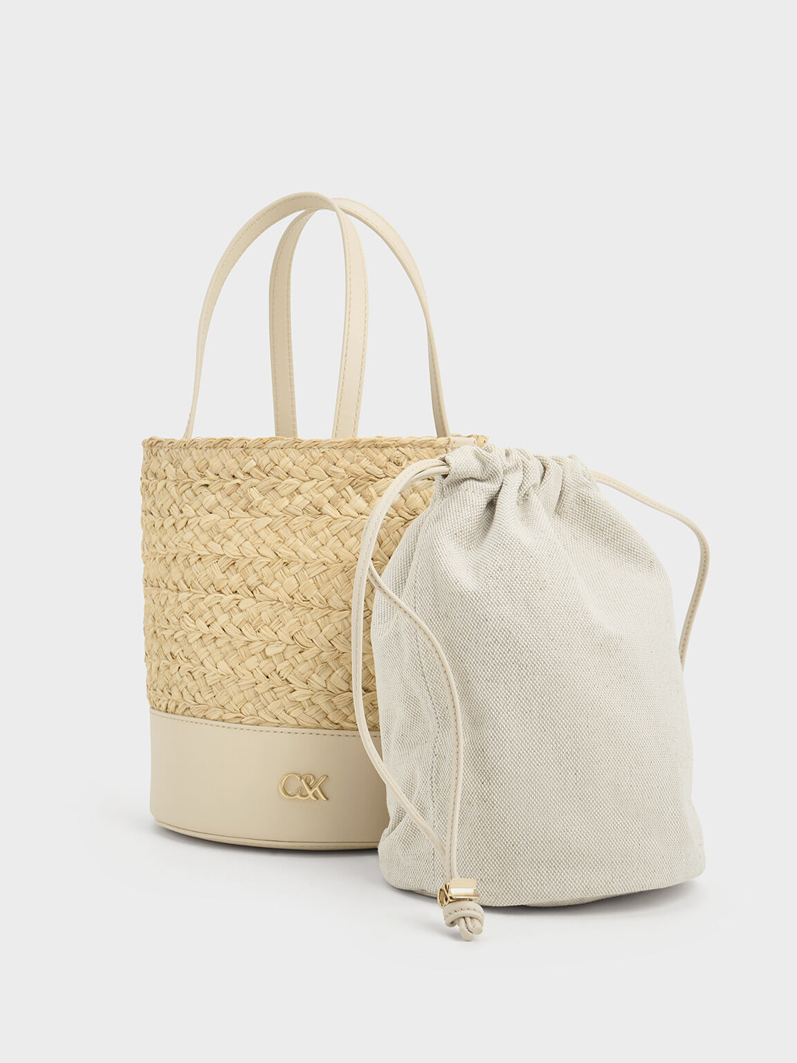 Leather & Raffia Bucket Bag, Beige, hi-res