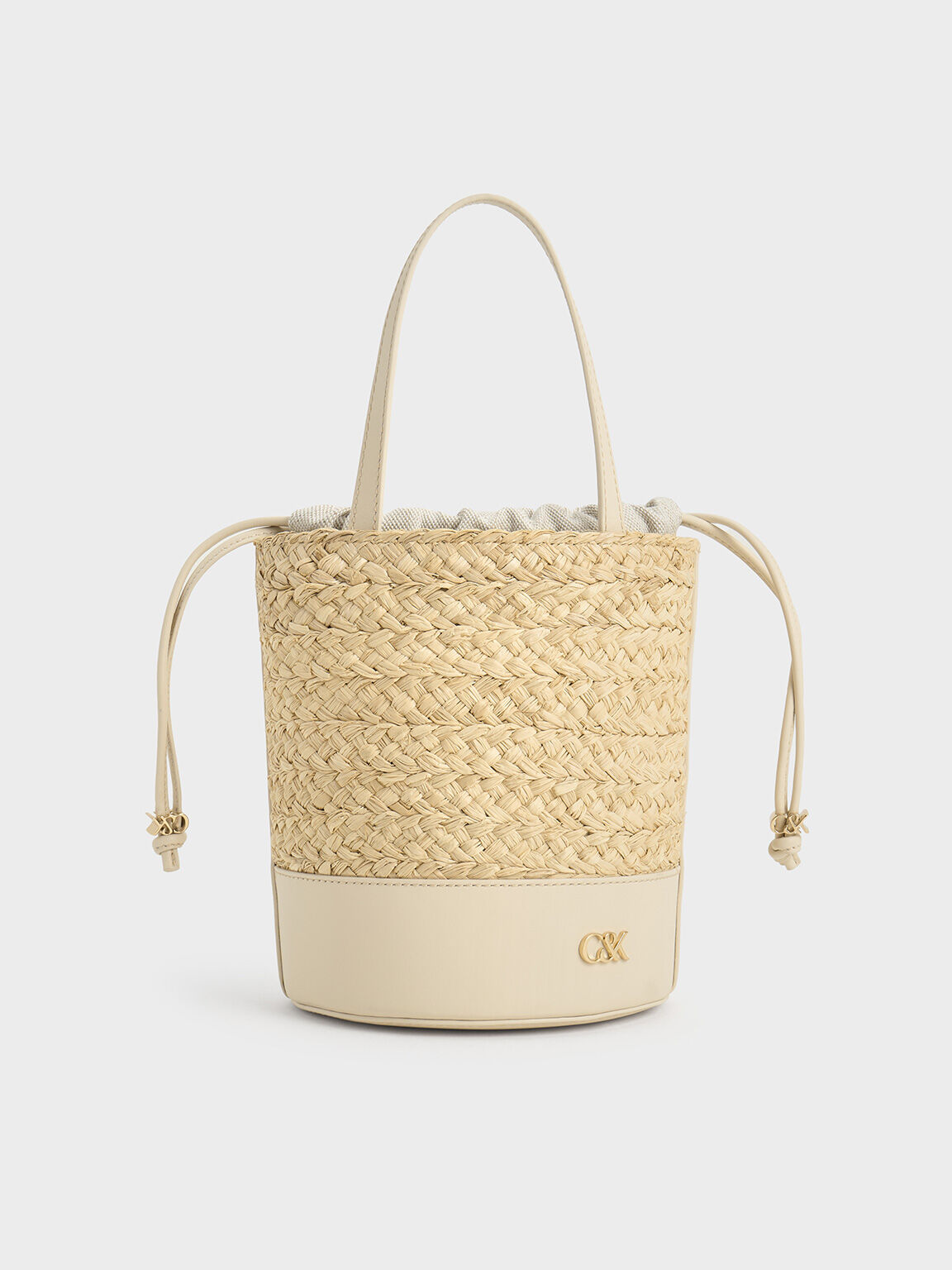 Sac seau en cuir et raphia, Beige, hi-res