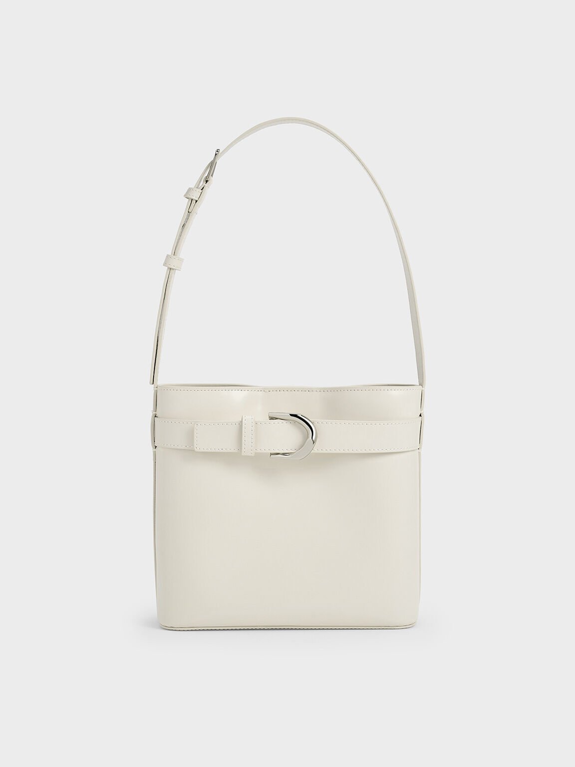 Bolso bombonera Gabine de cuero con tira tipo cinturón, Blanco, hi-res