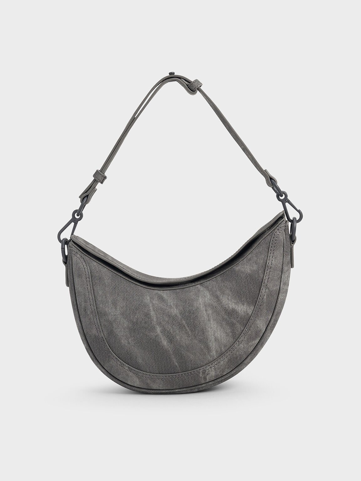 Bolso saddle asimétrico de denim, Gris oscuro, hi-res