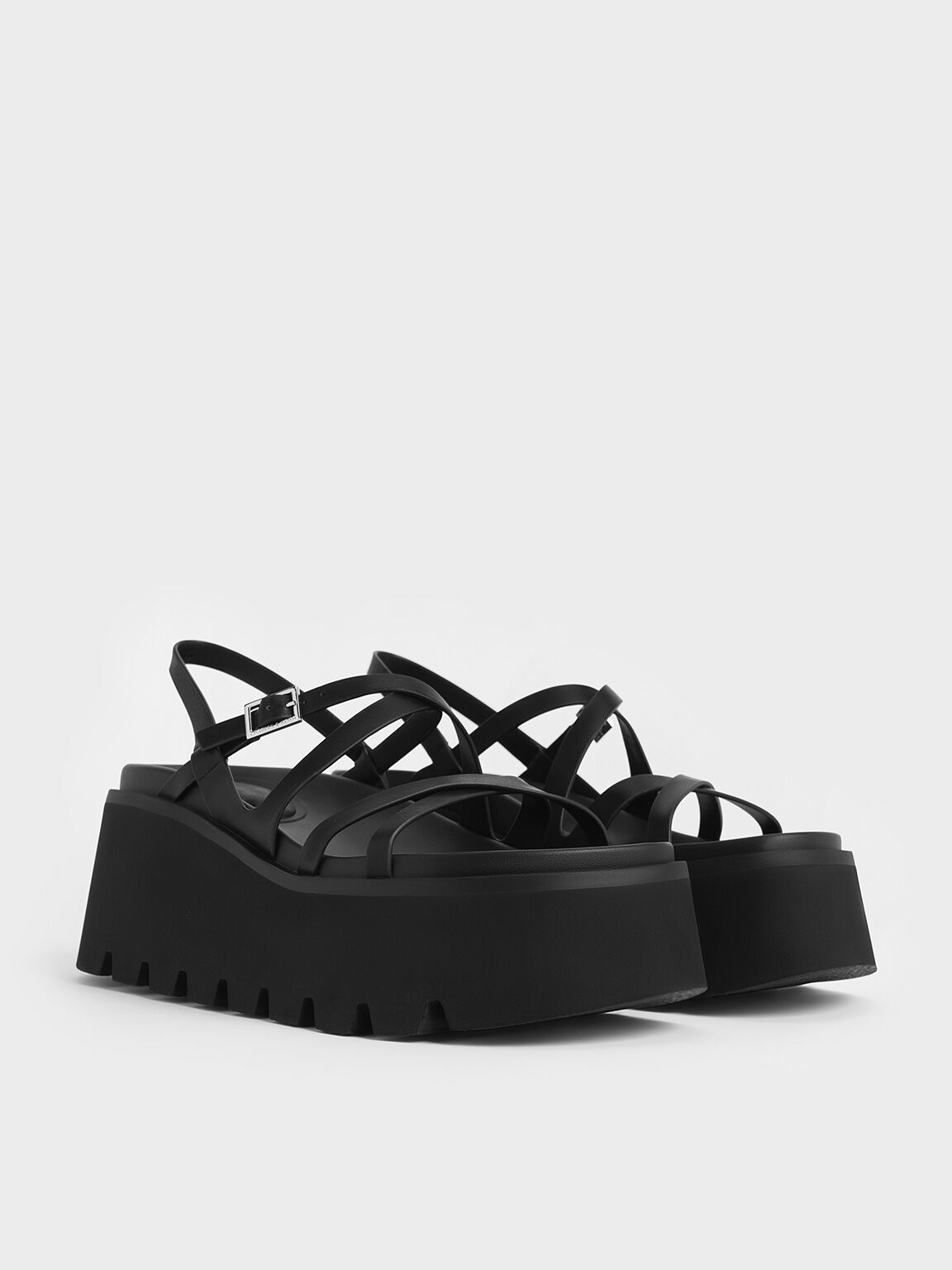 Strappy Crossover Flatform Sandals, Black, hi-res