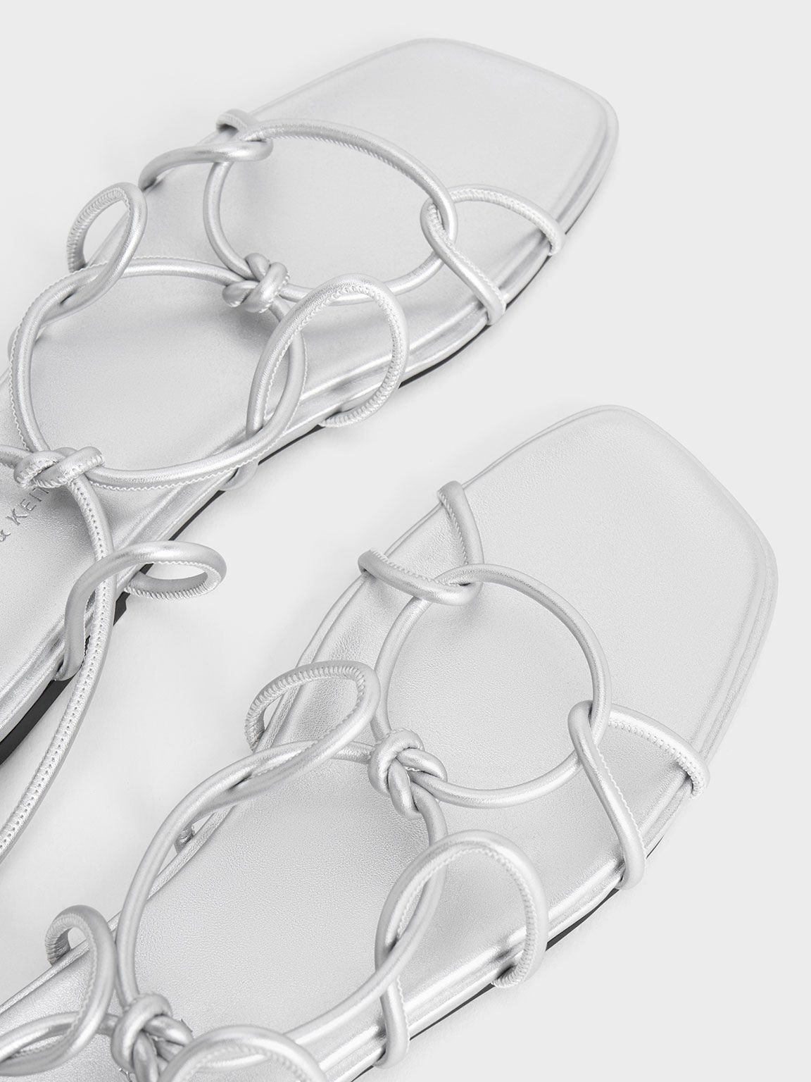 Strappy Knotted Tie-Around Sandals, Silver, hi-res