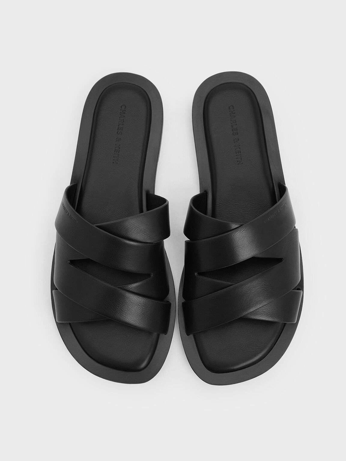 Strappy Crossover Slide Sandals, Black, hi-res