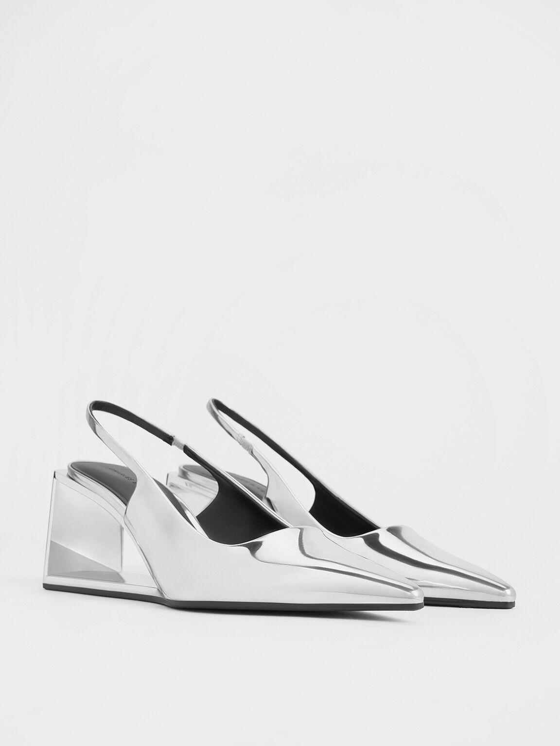 Xeli Metallic Triangle-Heel Slingback Pumps, Silver, hi-res