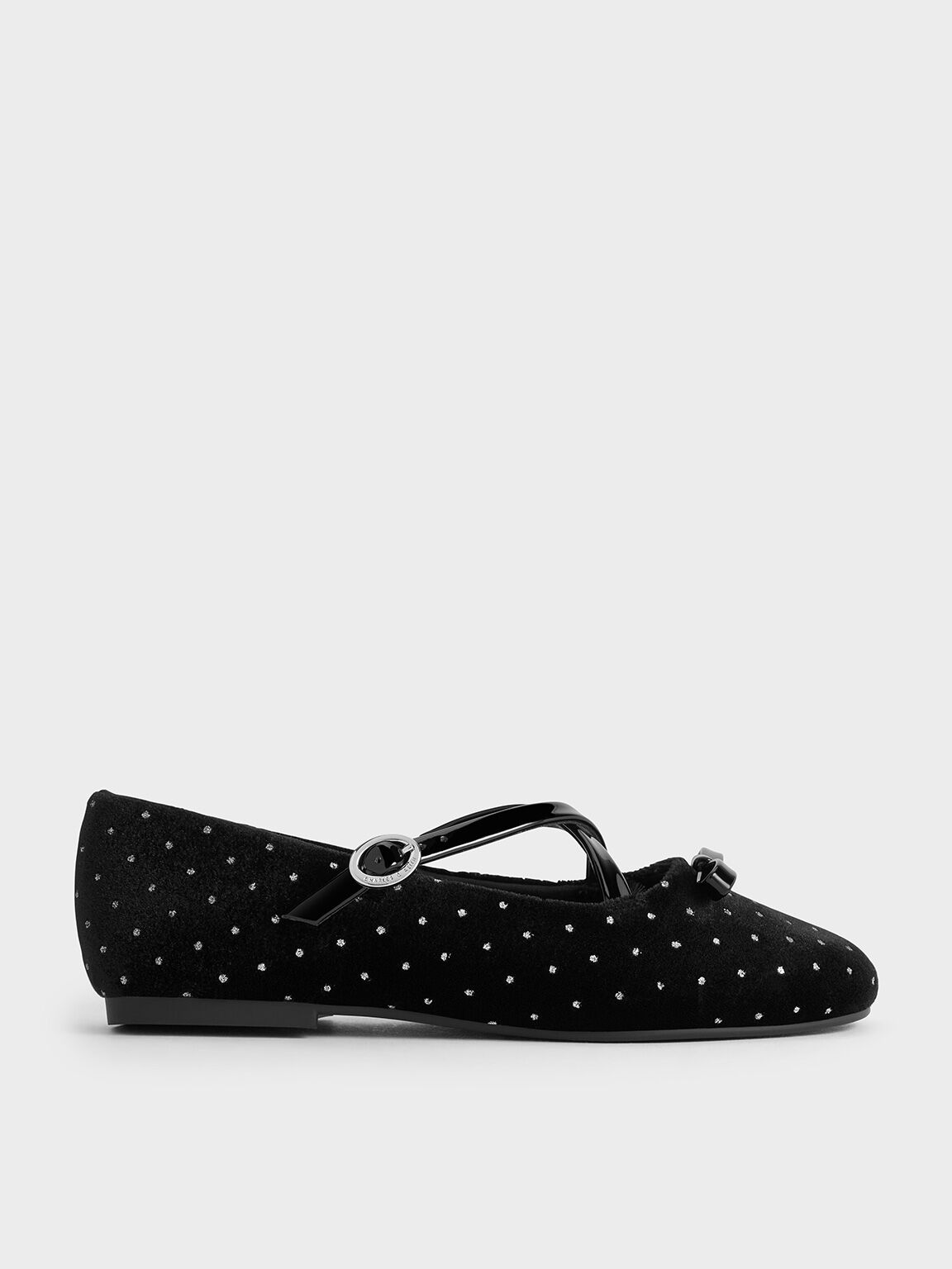 Girls' Velvet Dotted Bow Mary Janes, Black Textured, hi-res