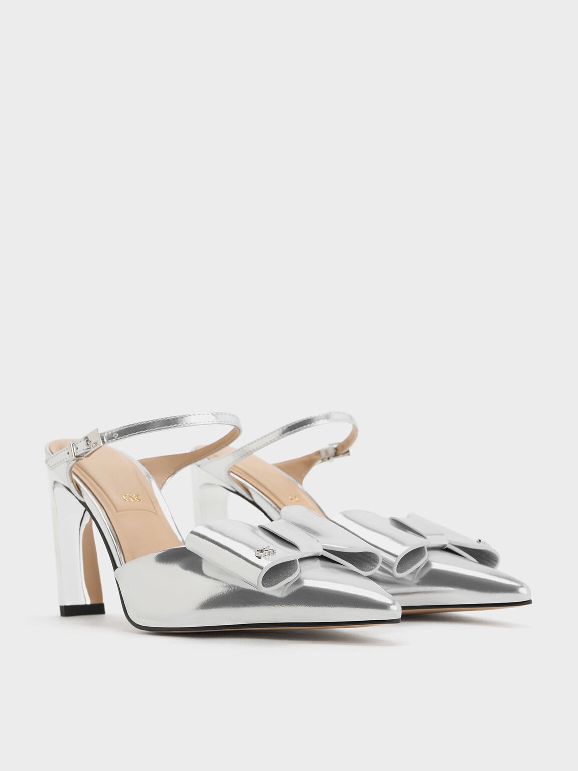 Lu Metallic Leather Bow Blade-Heel Mules, Silver, hi-res