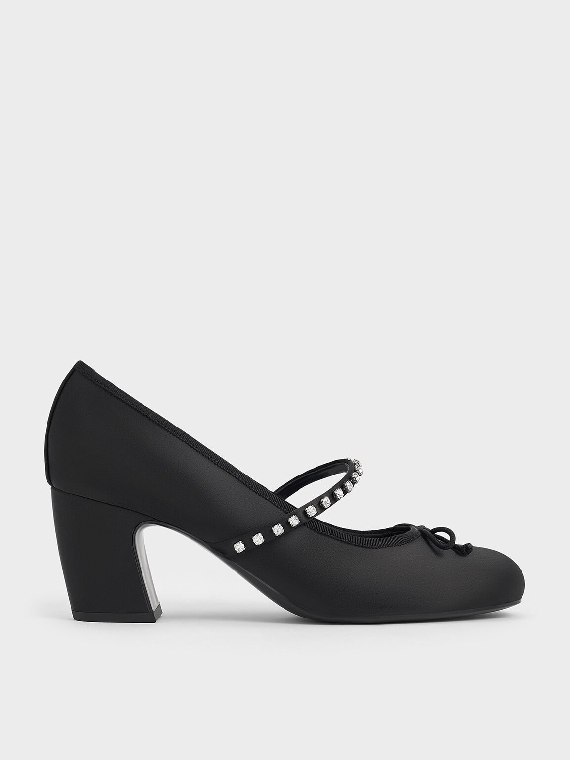 Satin Gem-Embellished Bow Mary Jane Pumps, Black Textured, hi-res