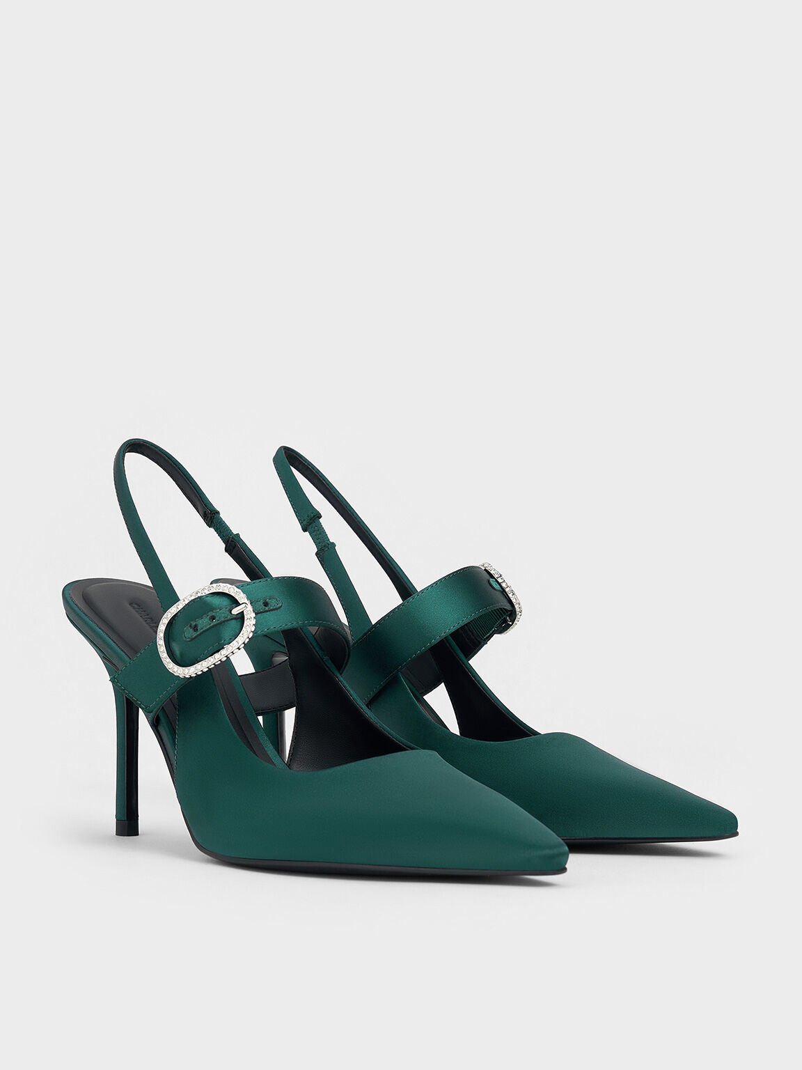 Recycled Polyester Crystal-Buckled Slingback Pumps, Dark Green, hi-res