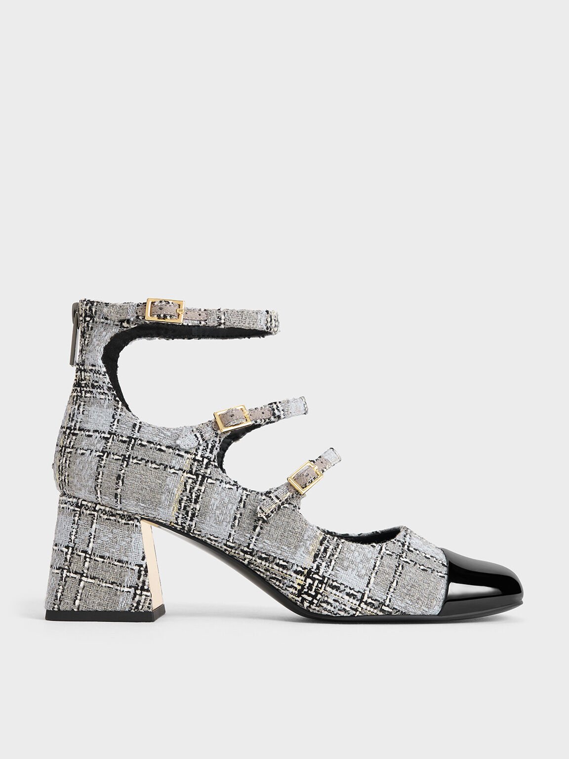 Tacones Mary Jane de tweed con triple correa y puntera acento, Gris, hi-res