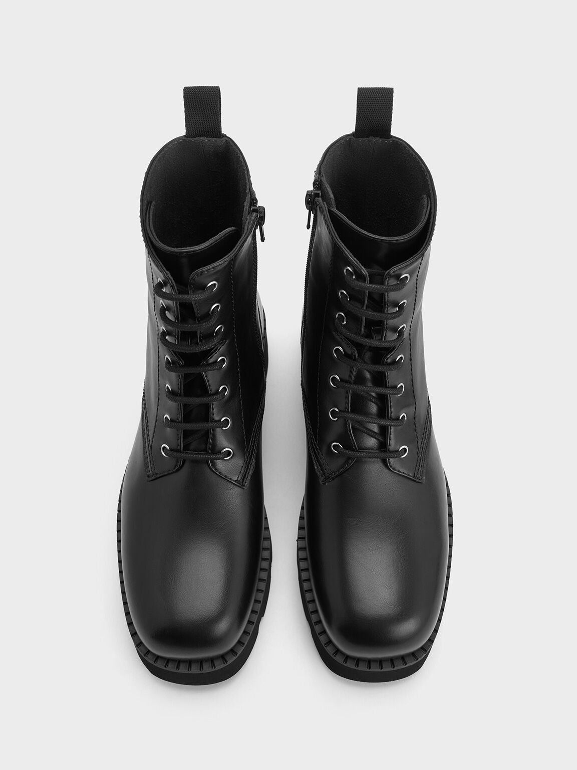 Ridged-Sole Lace-Up Combat Boots, Black, hi-res