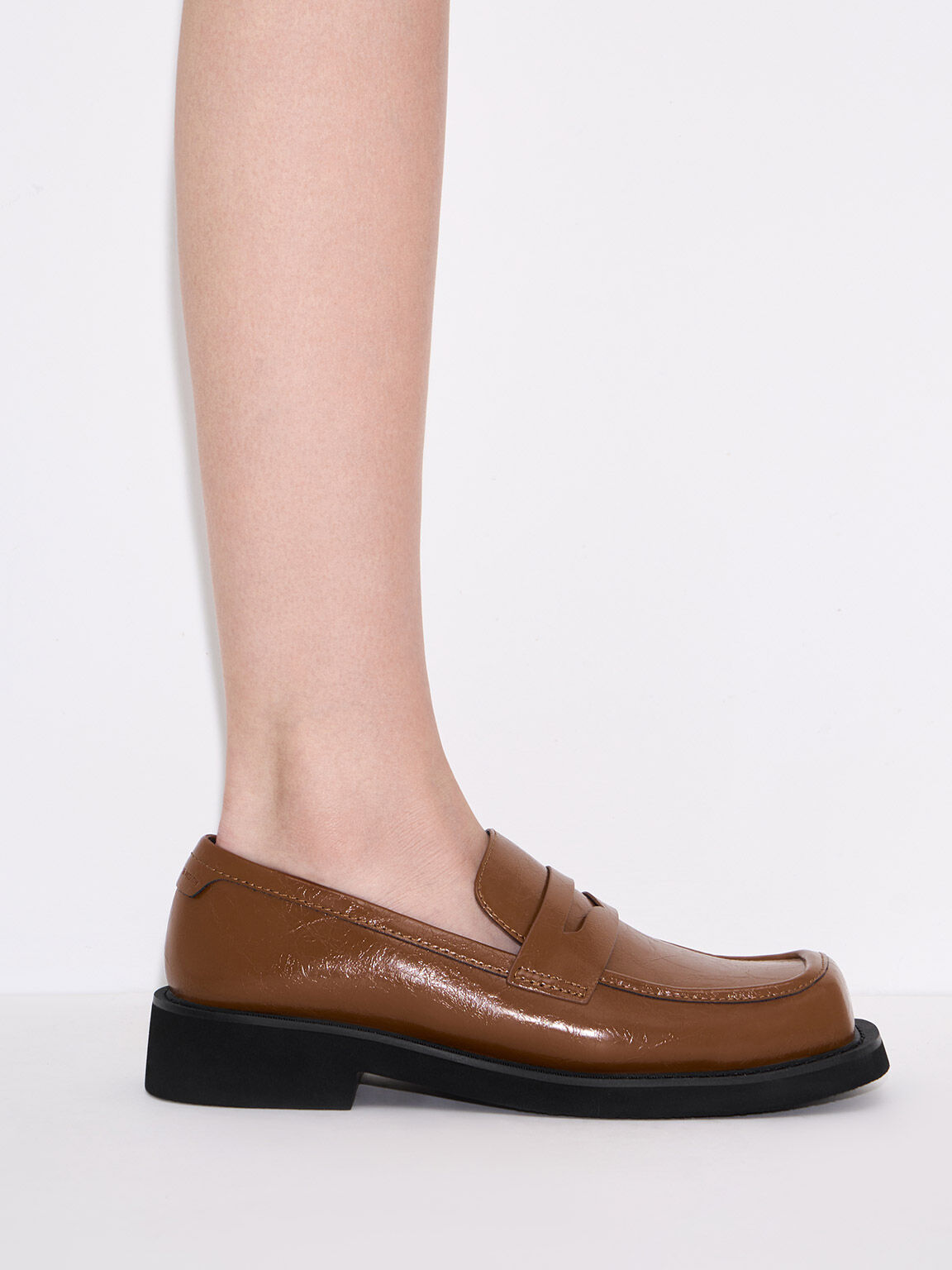 Monique Crinkle-Effect Square-Toe Loafers, Brown, hi-res