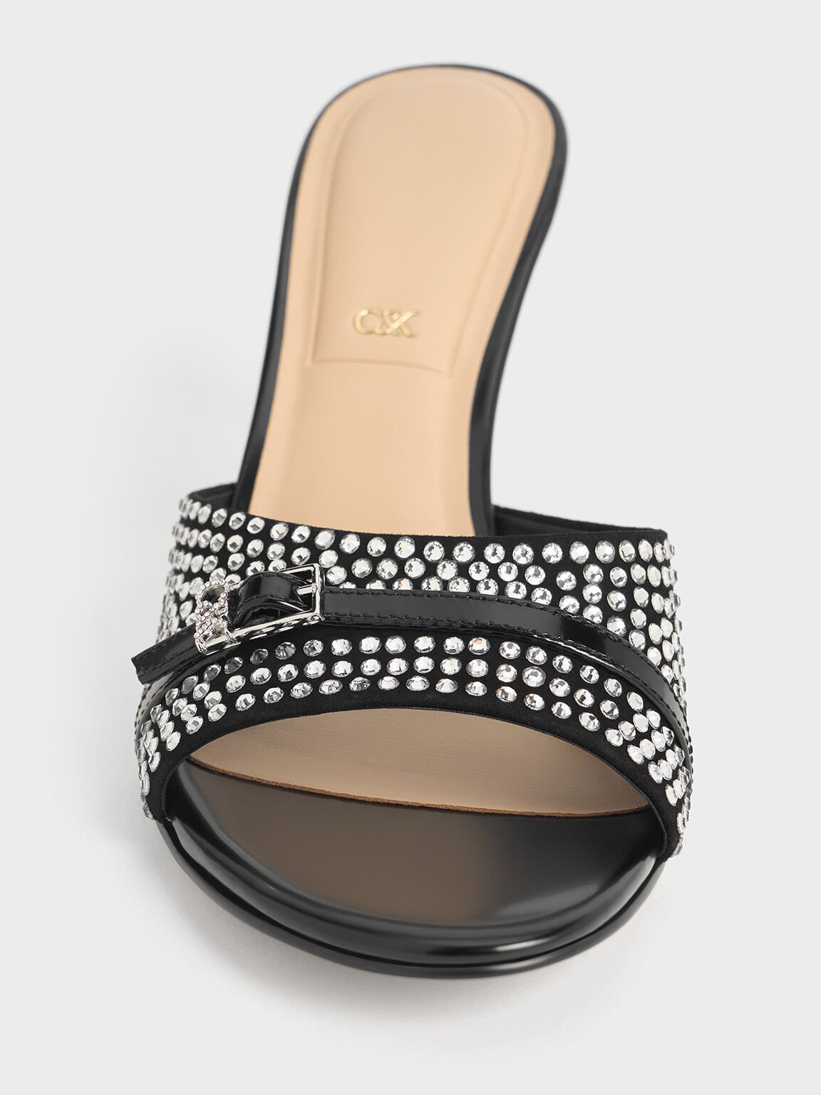 Leather & Suede Crystal-Embellished Buckle-Strap Heeled Mules, Black, hi-res