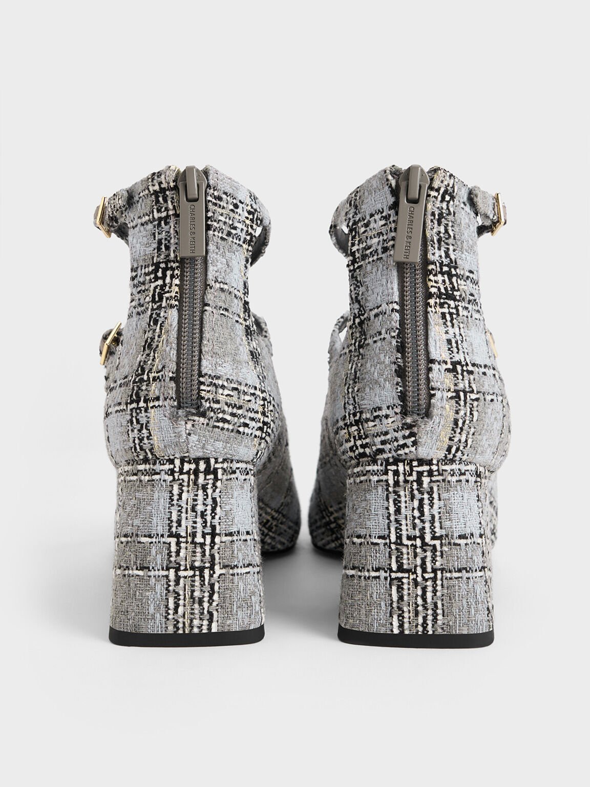 Tacones Mary Jane de tweed con triple correa y puntera acento, Gris, hi-res