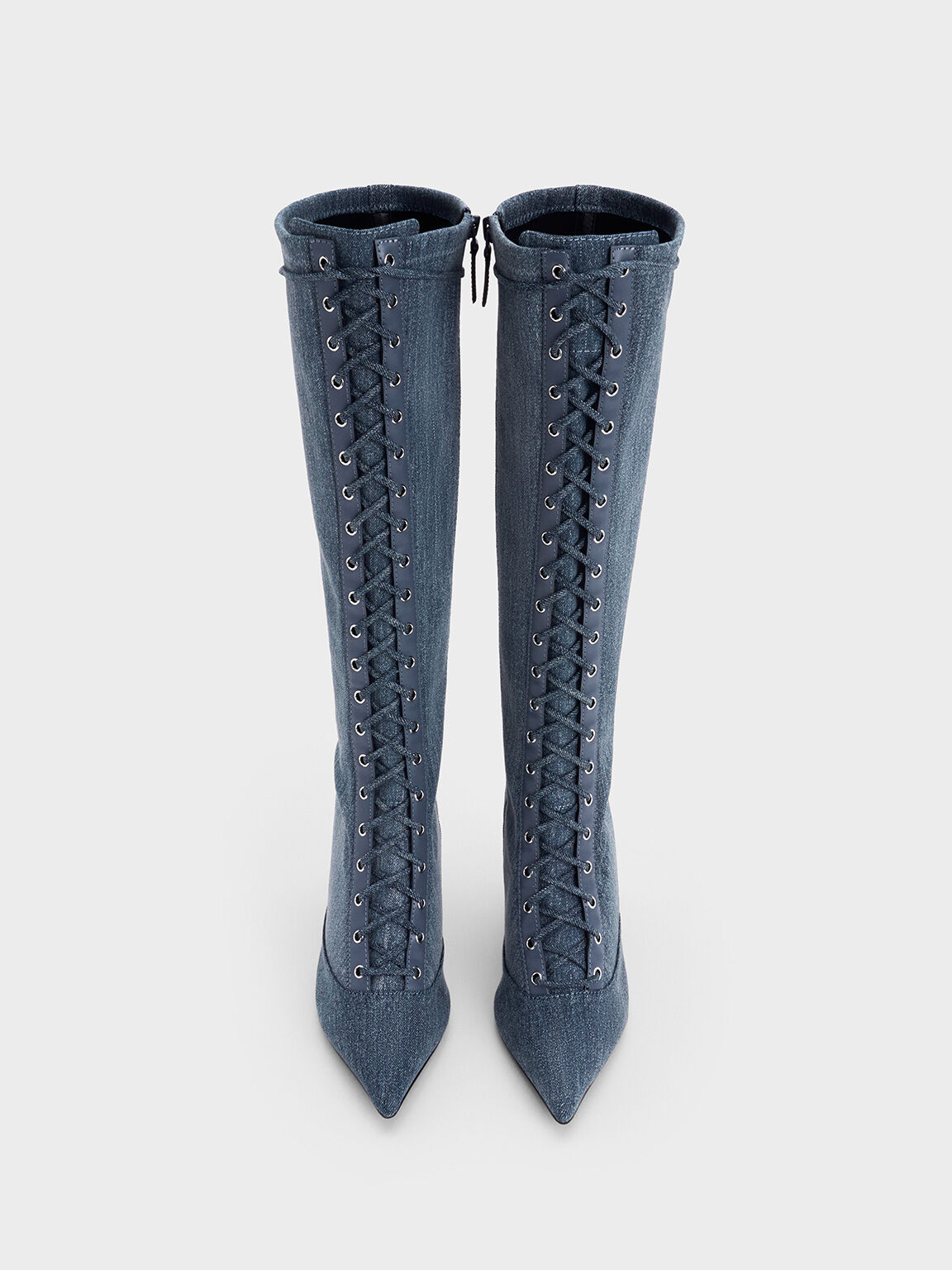 Denim Lace-Up Pointed-Toe Knee-High Boots, Denim Blue, hi-res