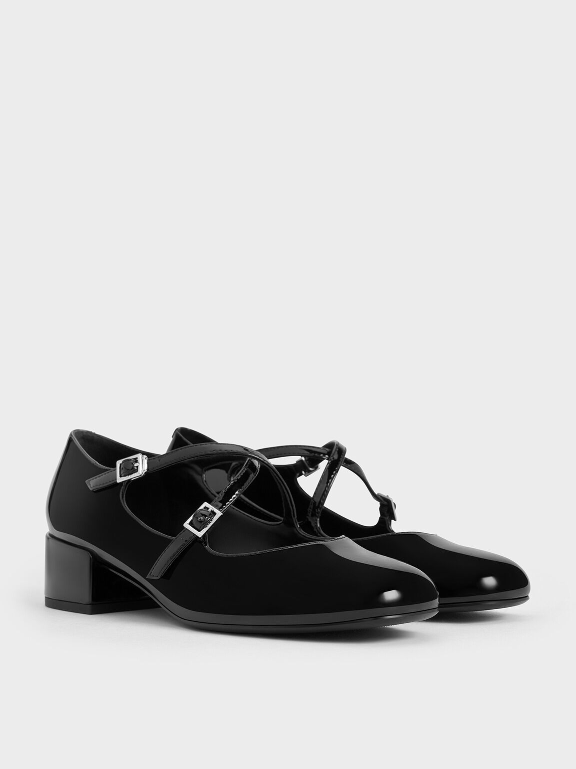 Patent Crossover-Strap Block-Heel Mary Janes, Black Patent, hi-res