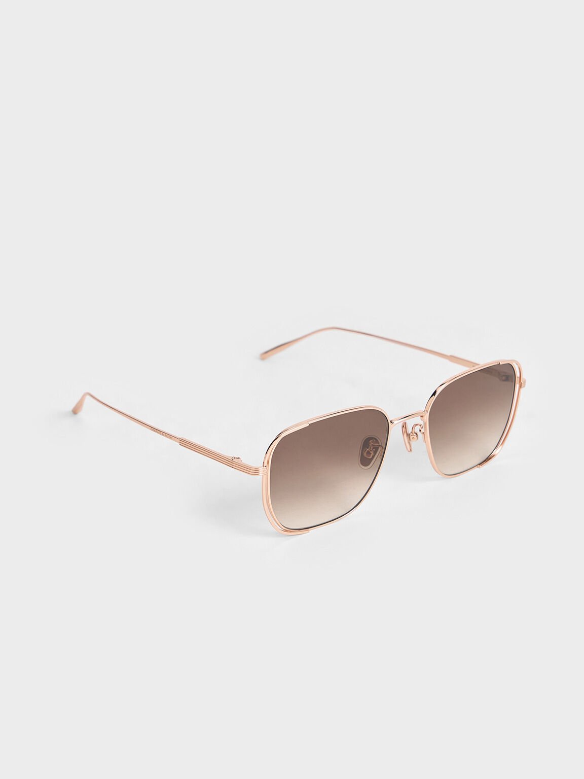 Metallic-Rim Rectangular Sunglasses, Rose Gold, hi-res