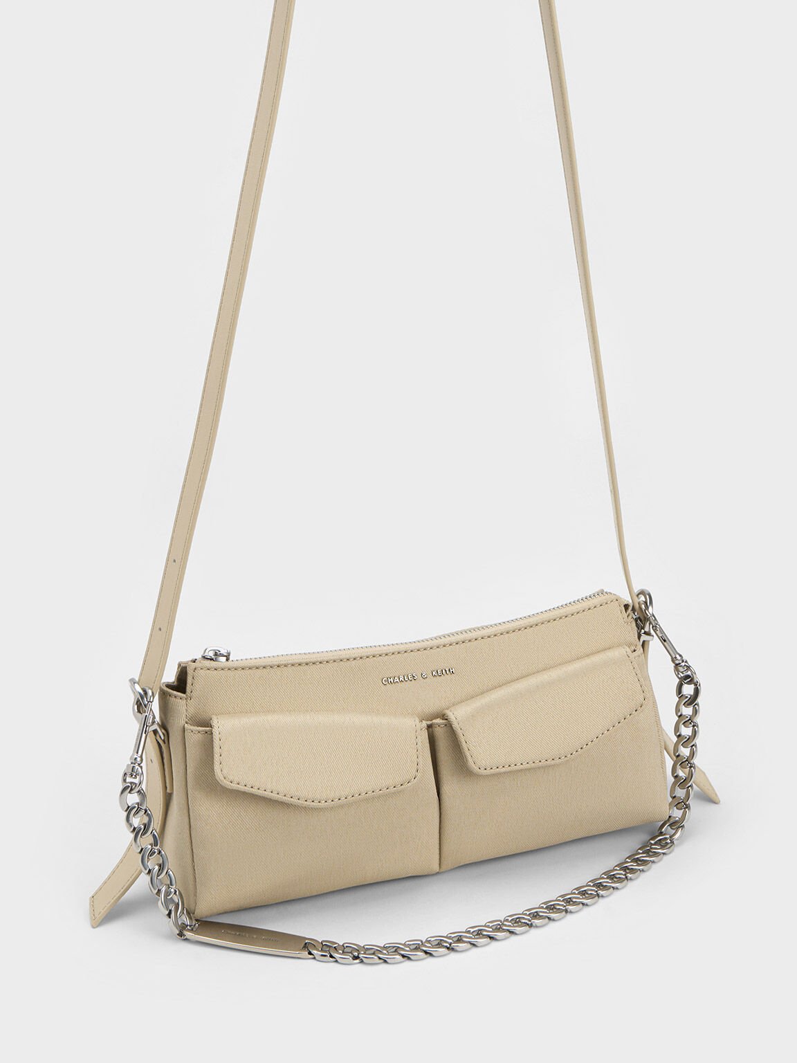 Sac porté épaule à double pochette, Beige, hi-res