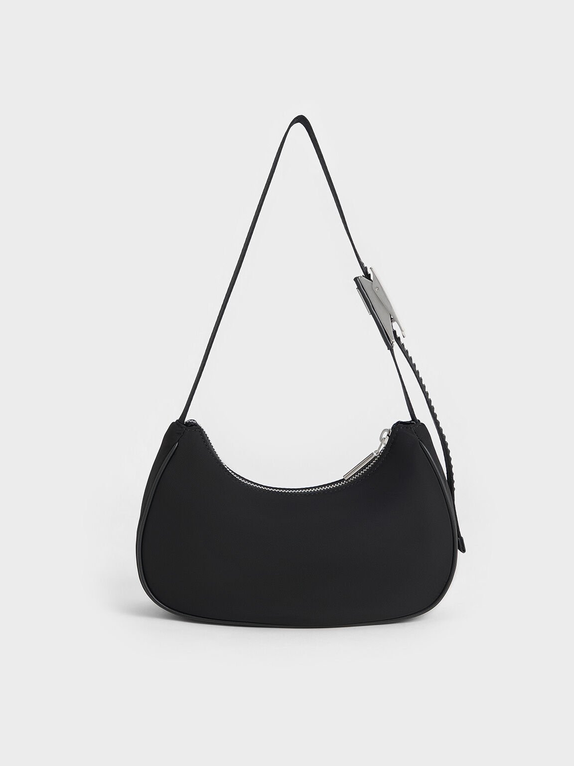 Bolso curvo de nylon con acento metálico, Noir, hi-res