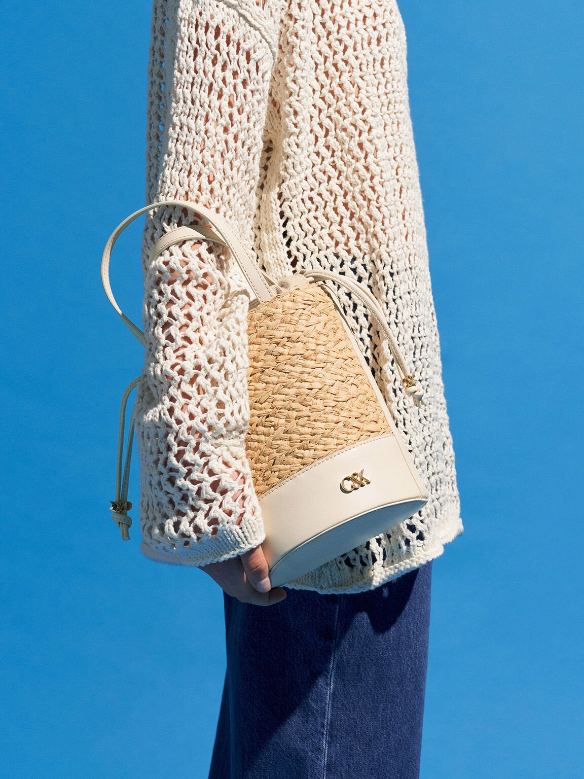 Bolso bombonera de cuero y rafia, Beige, hi-res