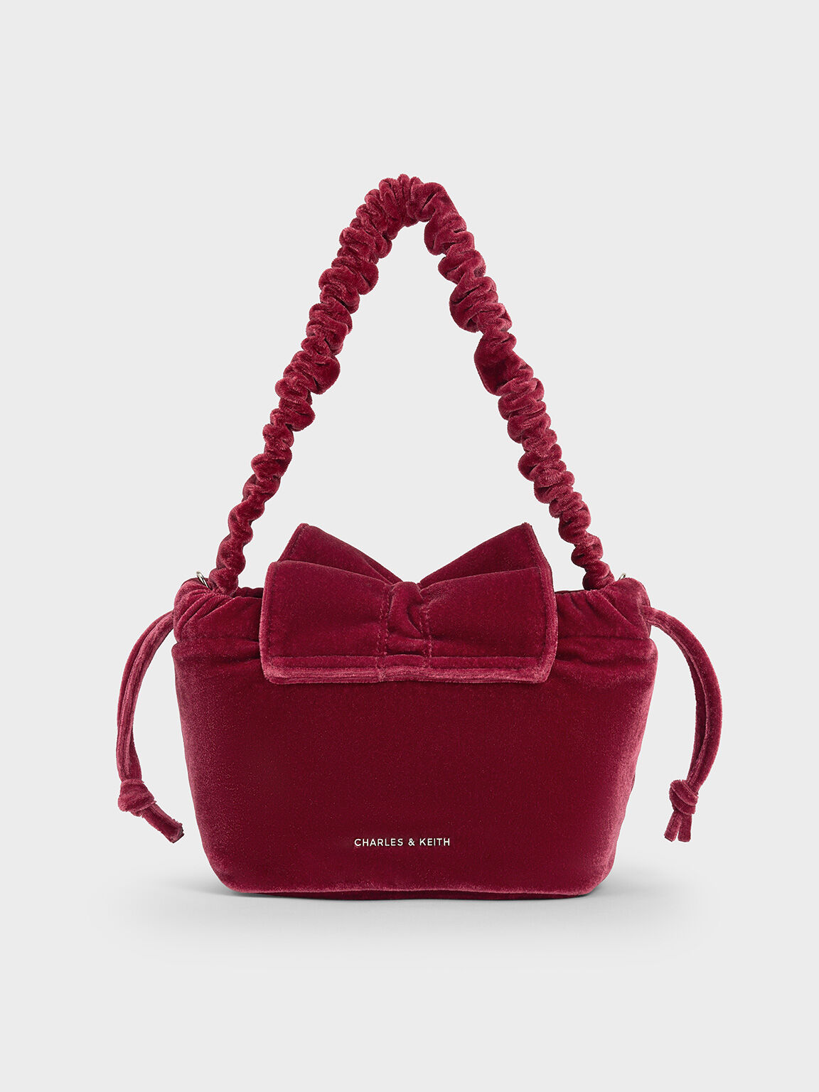 Bolso de terciopelo con asa superior arrugada y lazo, Rosa, hi-res