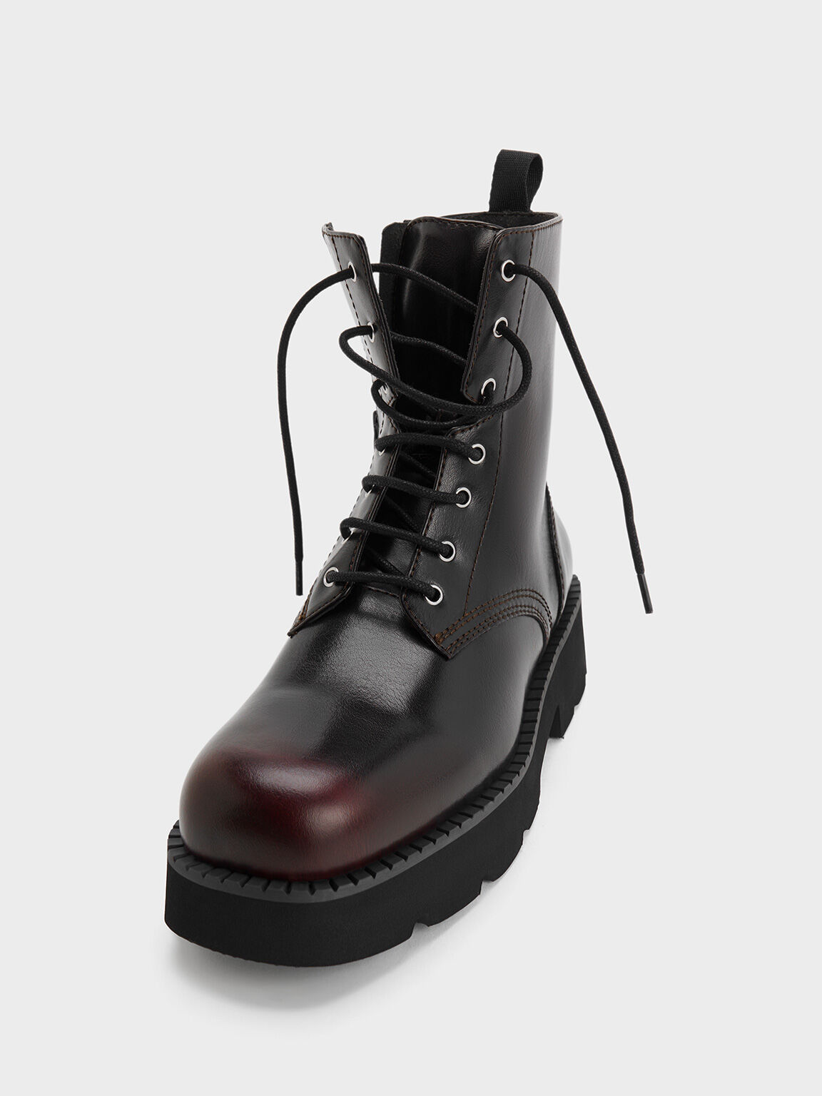 Ridged-Sole Lace-Up Combat Boots, Burgundy, hi-res