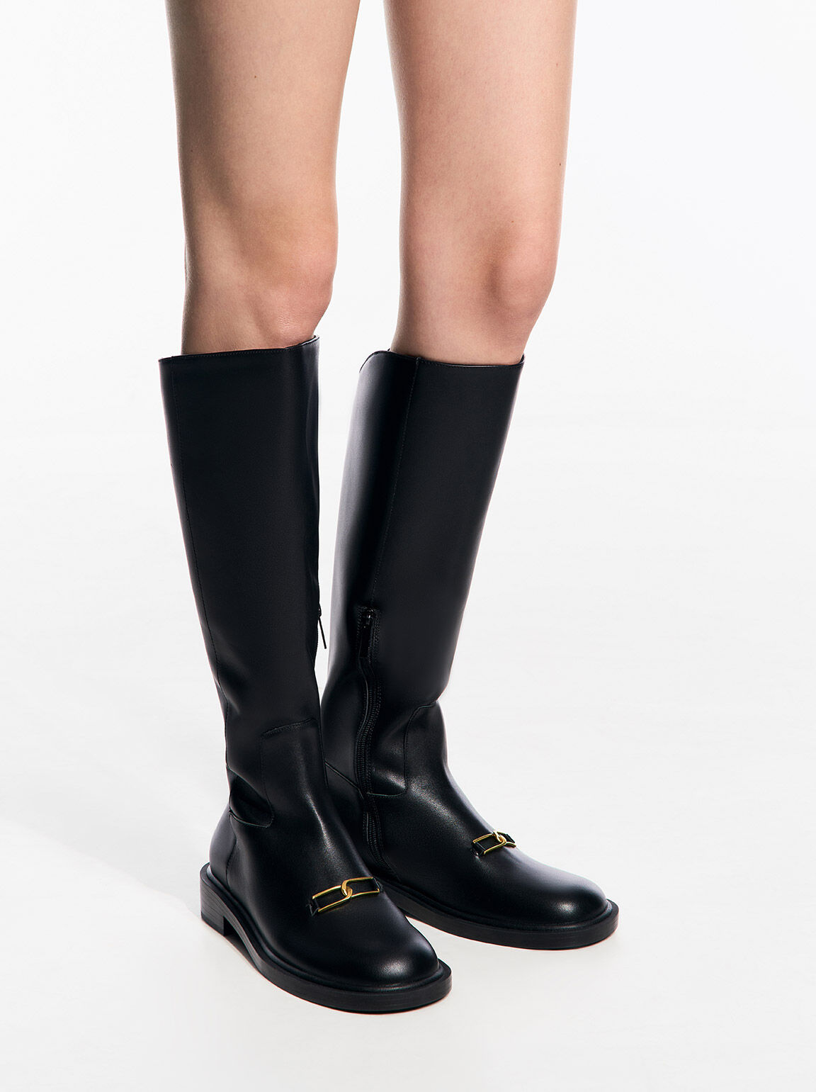 Gabine Leather Interlocking-Accent Knee-High Boots, Black, hi-res