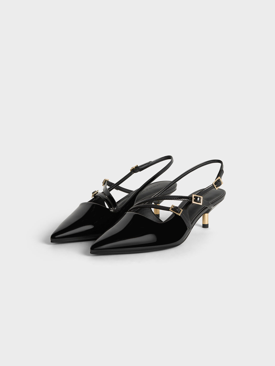 Zapatos destalonados de charol con tacón bajo y hebilla, Charol negro, hi-res