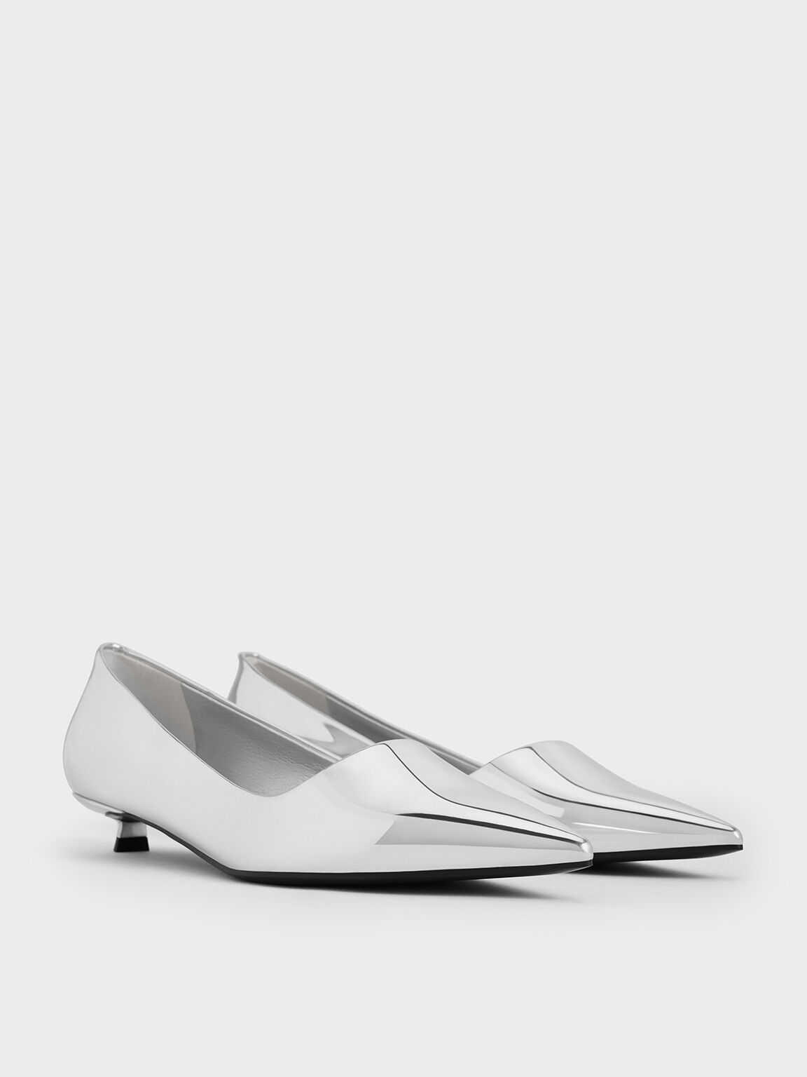 Metallic Pointed-Toe Kitten-Heel Pumps, Silver, hi-res