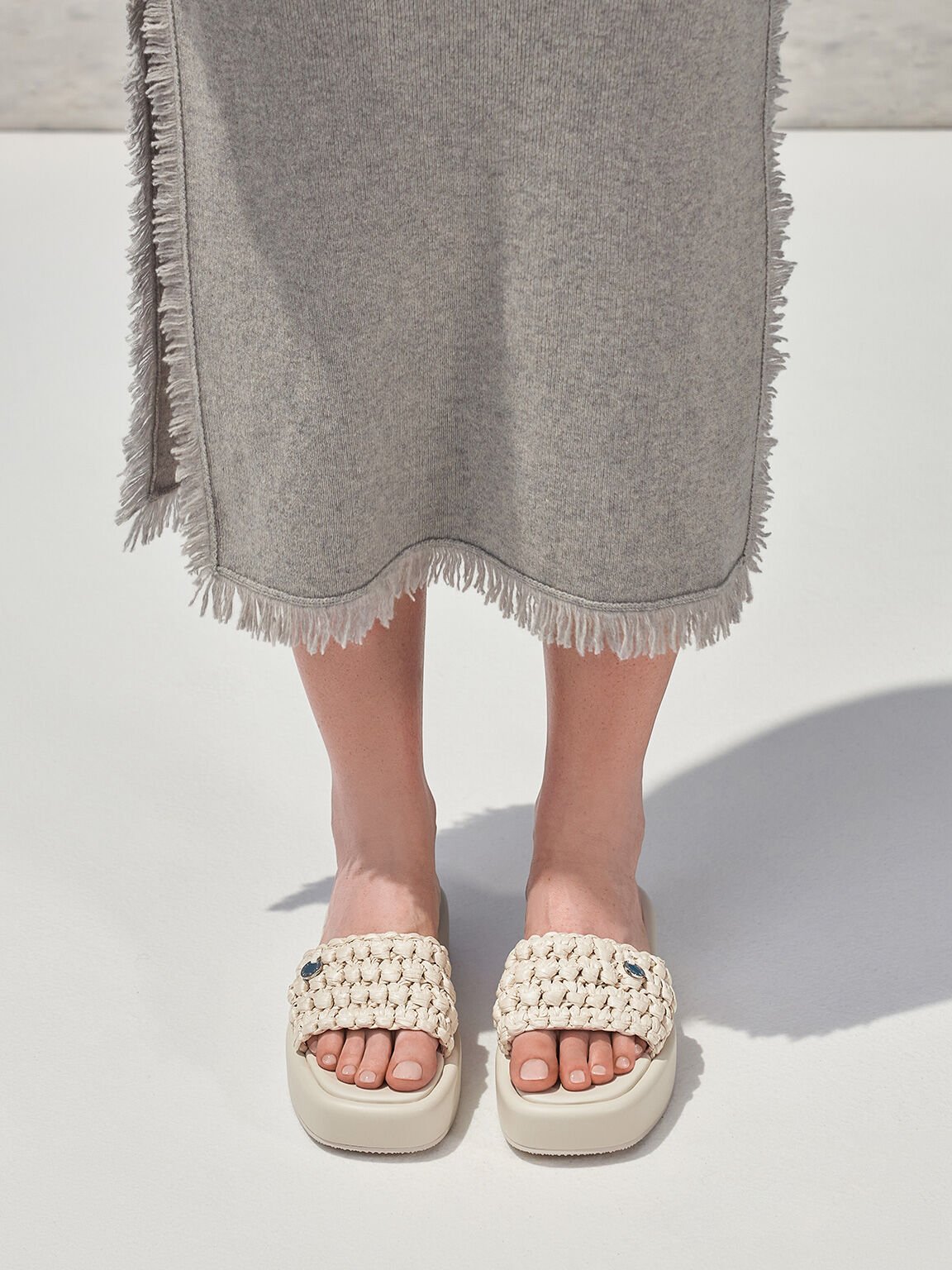 Raffia Woven Flatform Sandals, Chalk, hi-res