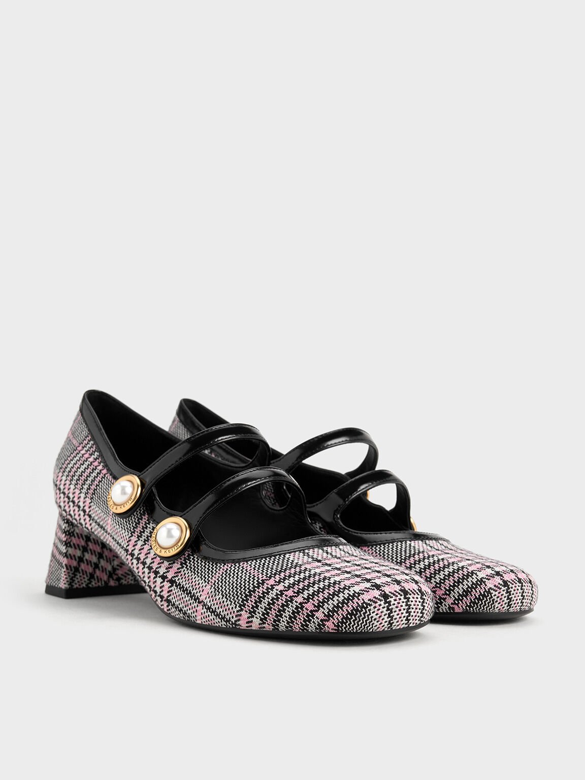 Plaid Pearl-Buckle Mary Jane Pumps, Pink, hi-res