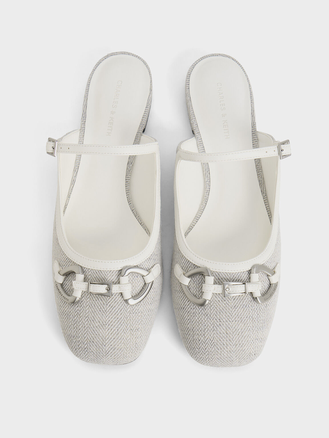 Woven Fabric Metallic-Accent Flat Mules, Light Grey, hi-res