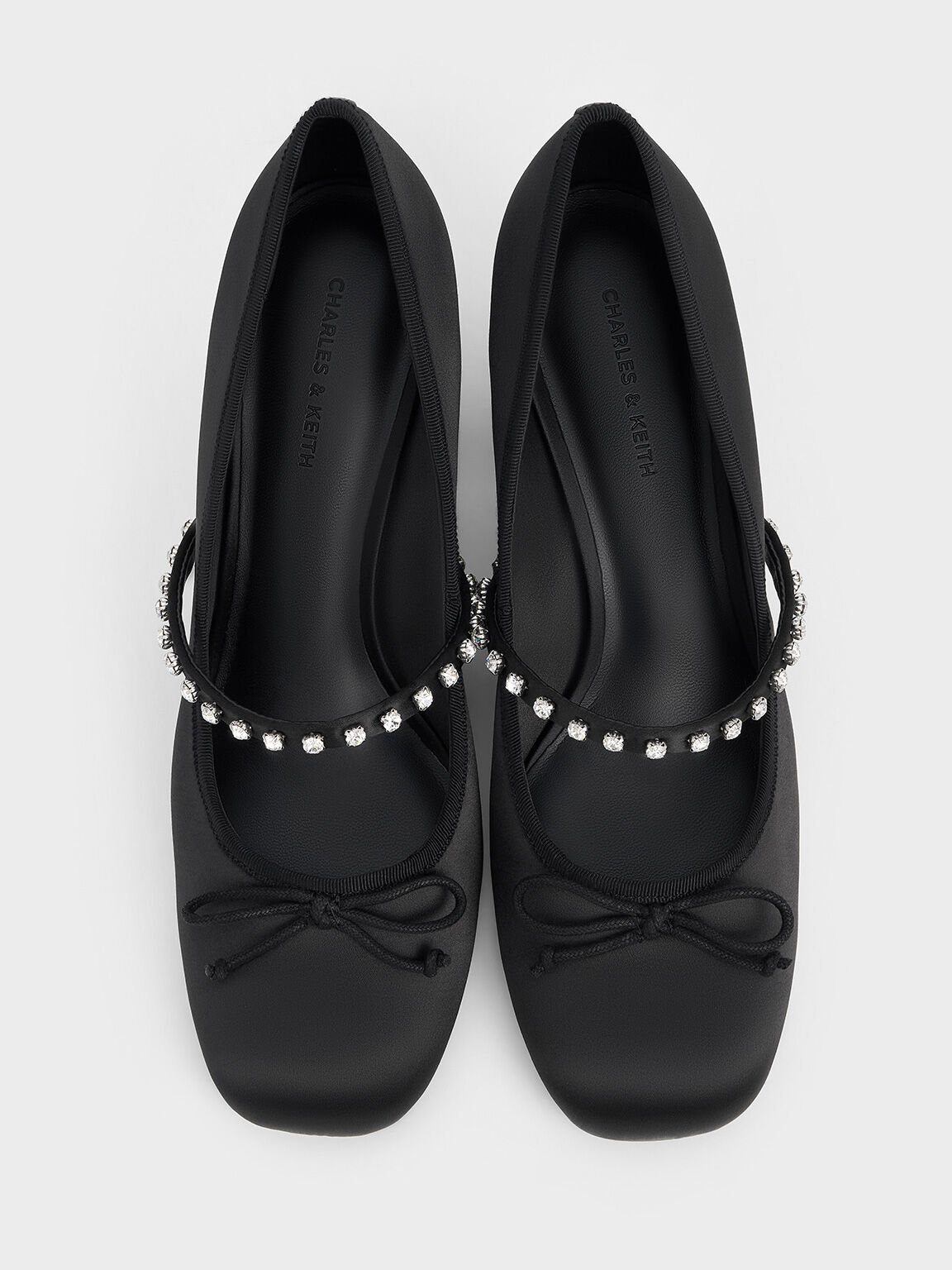 Satin Gem-Embellished Bow Mary Jane Pumps, Black Textured, hi-res