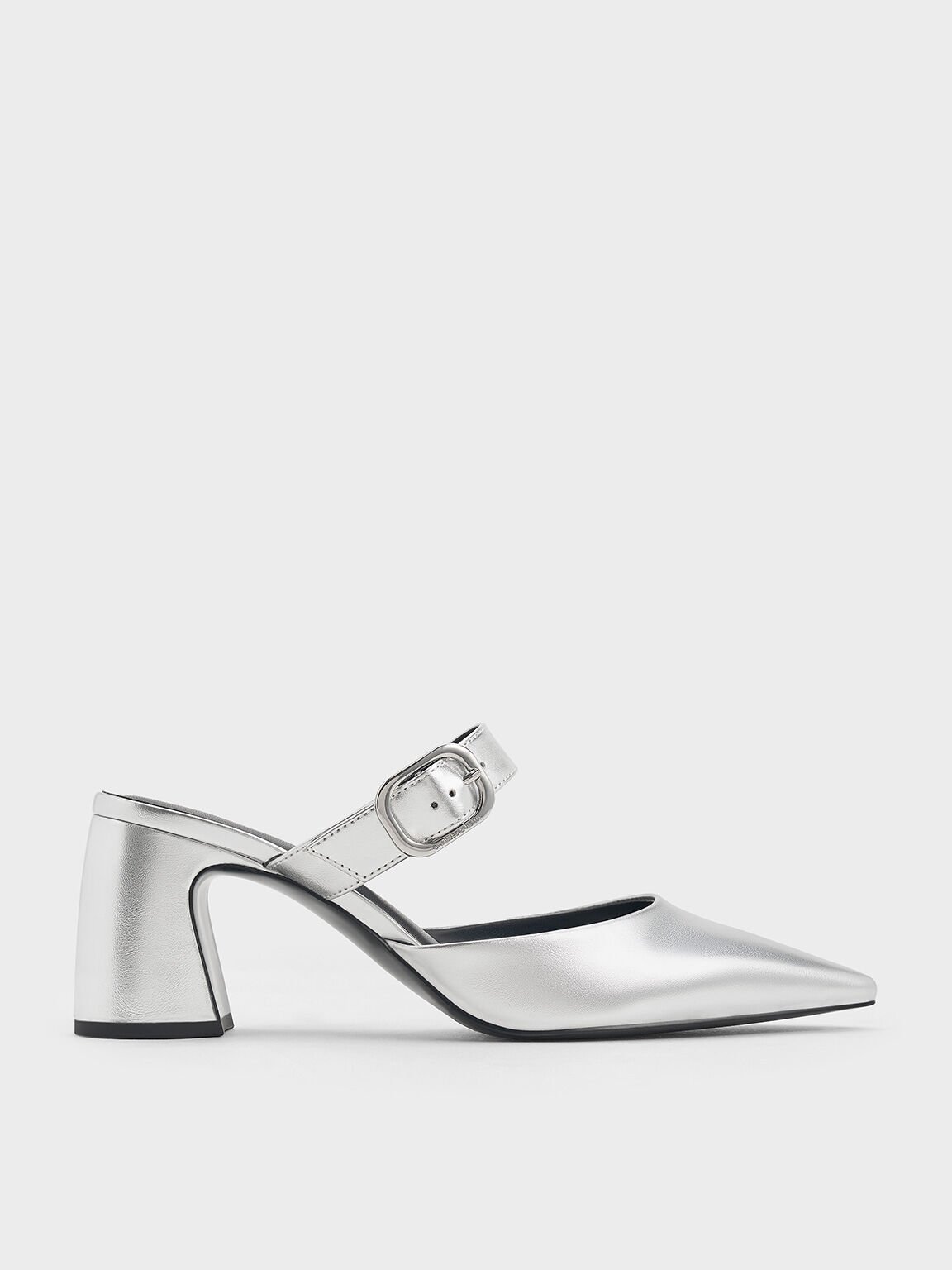 Metallic Pointed-Toe Mary Jane Heeled Mules, Silver, hi-res