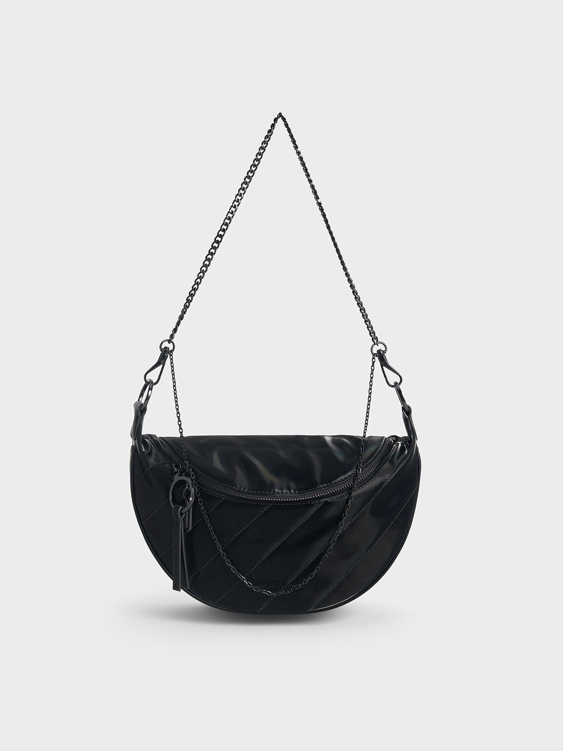 Sac bandoulière brillant en demi-lune Philomena, Noir de jais, hi-res