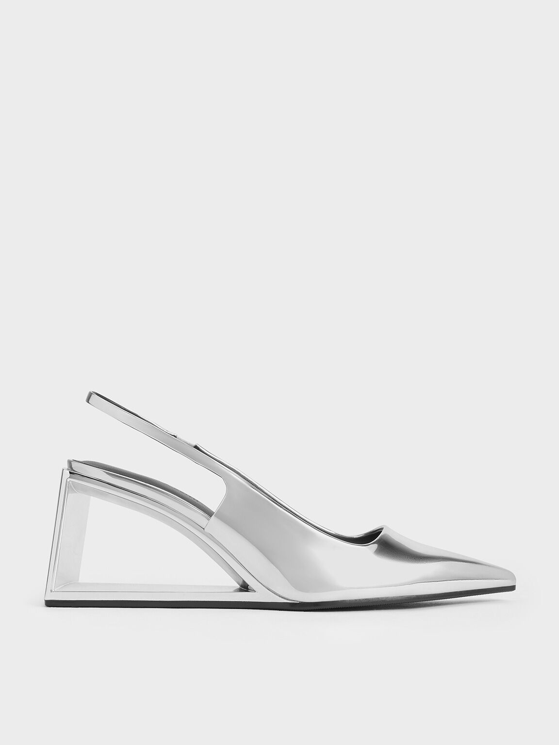 Xeli Metallic Triangle-Heel Slingback Pumps, Silver, hi-res