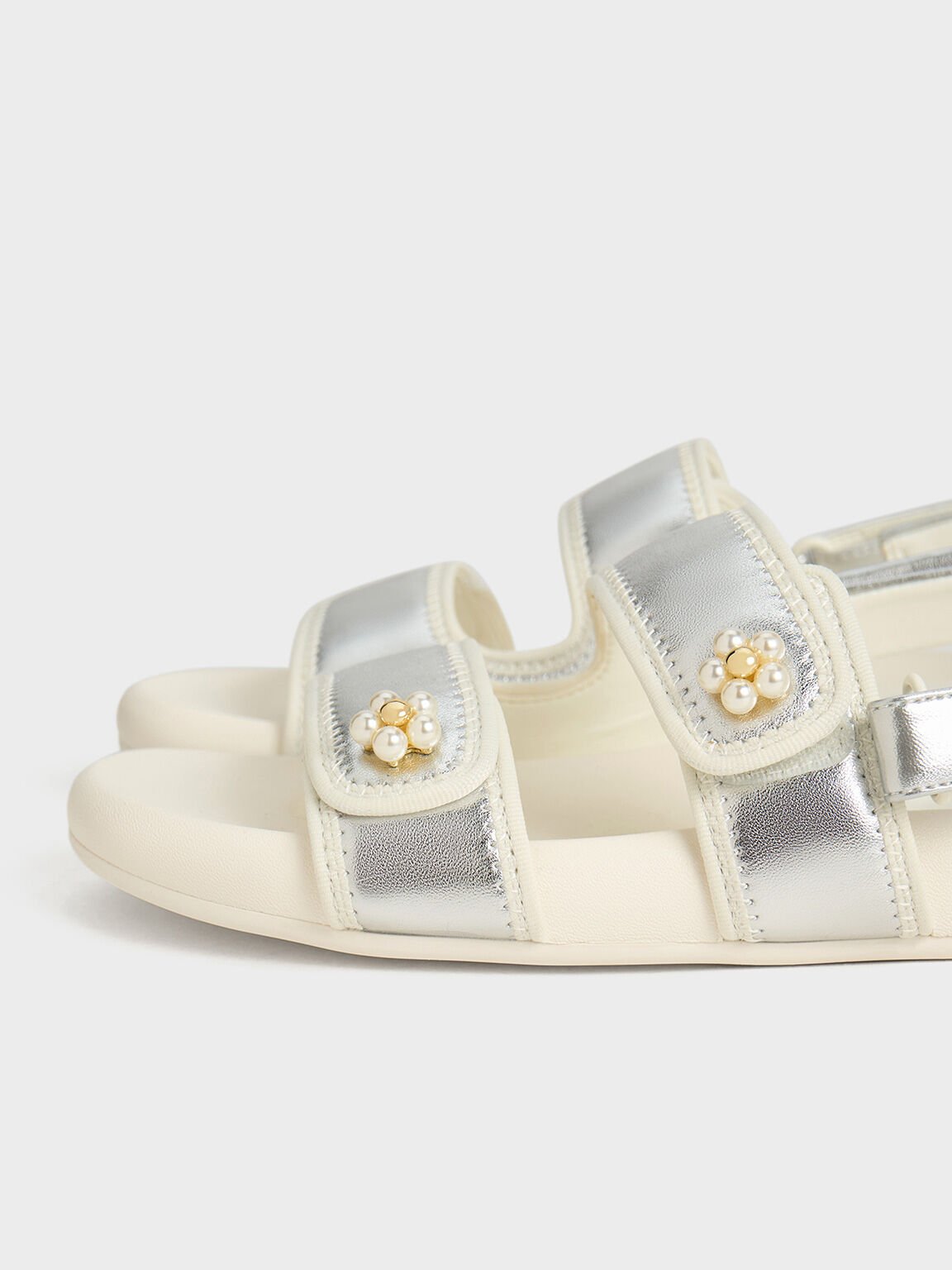 Girls' Metallic Beaded-Flower Sandals, Silver, hi-res