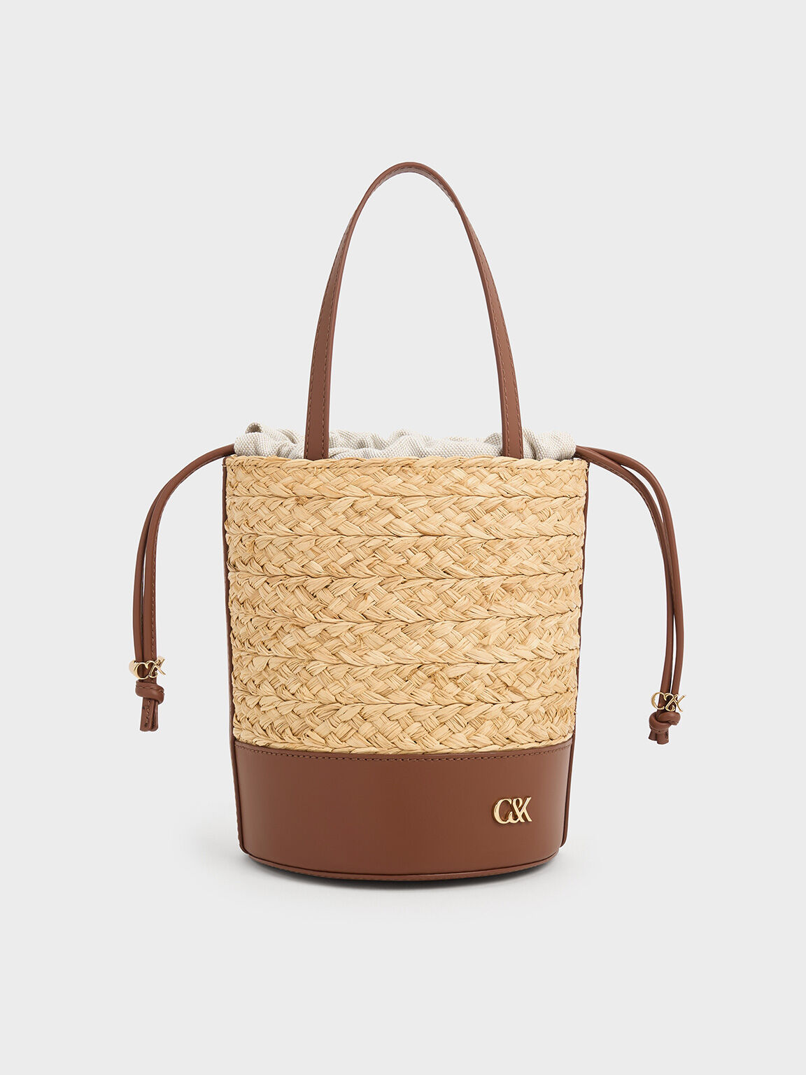 Leather & Raffia Bucket Bag, Brown, hi-res