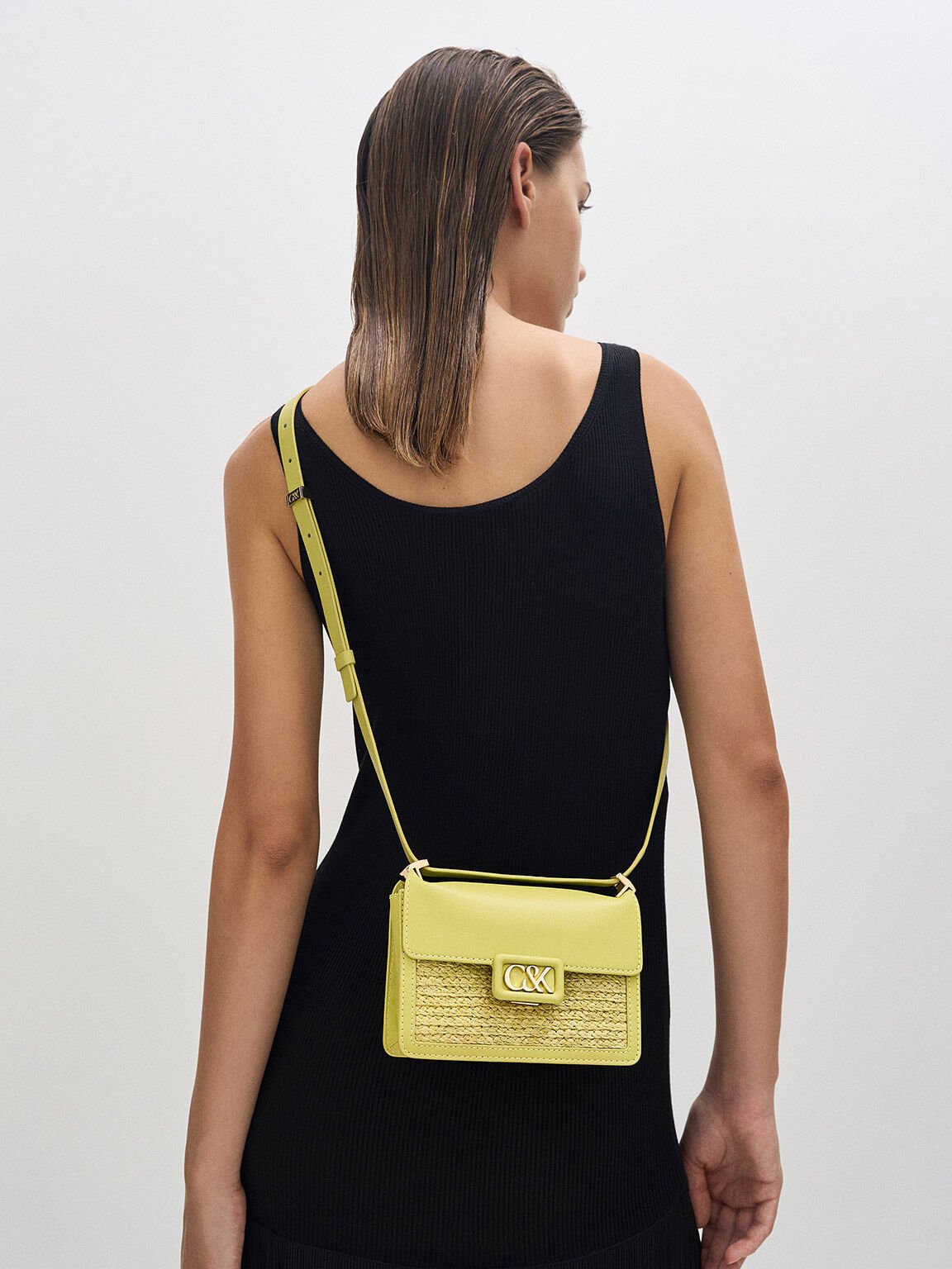 Sac boxy en cuir et raphia, Vert Citron, hi-res