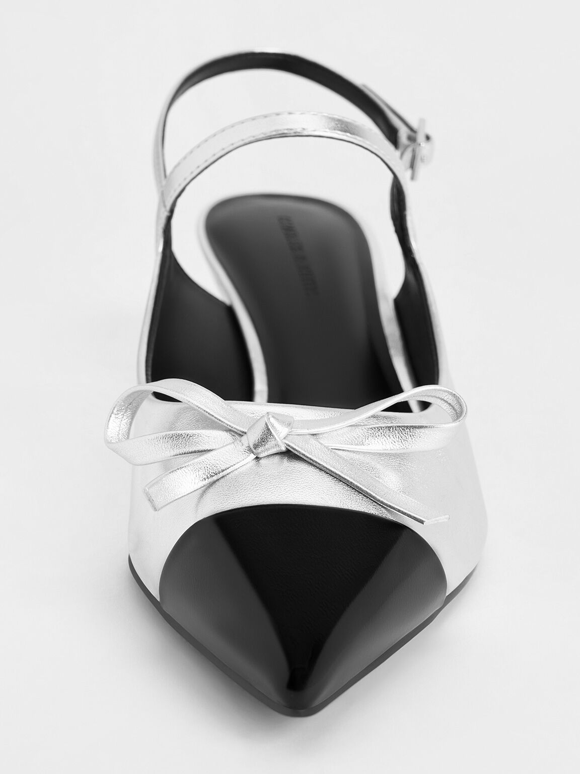 Metallic Bow Cap-Toe Kitten-Heel Slingback Pumps, Silver, hi-res