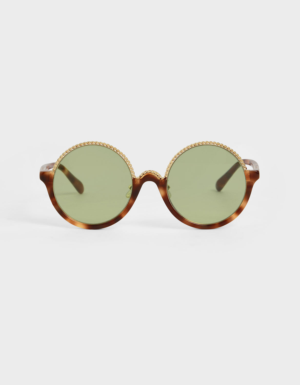 Tortoiseshell Half Frame Embellished Round Sunglasses - CHARLES 