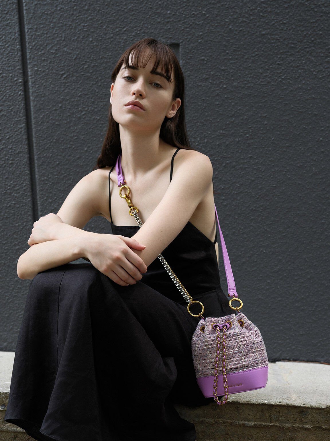 Dancer Tweed Drawstring Bucket Bag, Violet, hi-res